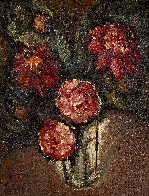 Praetere J. De | Rode bloemen, olieverf op doek 45,7 x 34,7 cm, gesigneerd l.o.