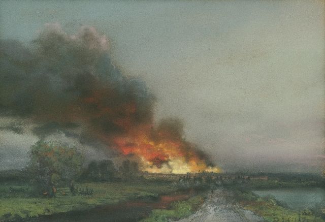 Piet Schipperus | Brand aan de horizon, gouache op papier, 24,0 x 30,0 cm, gesigneerd r.o.