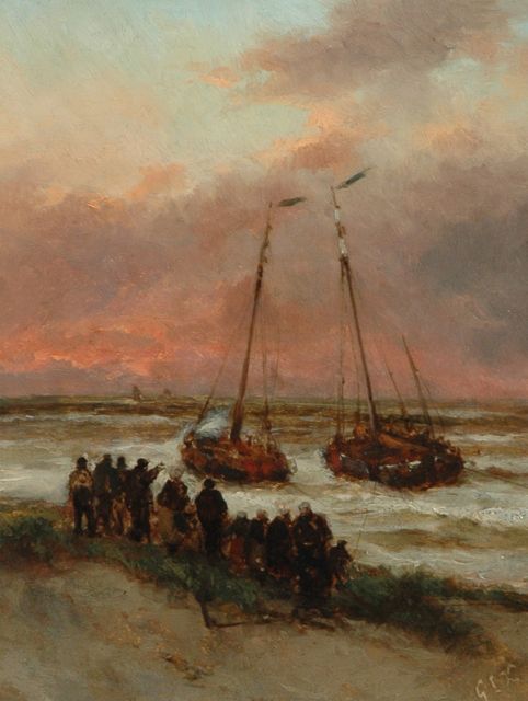 George Lourens Kiers | Het uitvaren van de vissersvloot, olieverf op schildersboard, 22,7 x 17,5 cm, gesigneerd r.o. met ini + verso