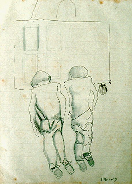 Kruyder H.J.  | Twee figuren, gemengde techniek op papier 24,4 x 18,0 cm, gesigneerd r.o.