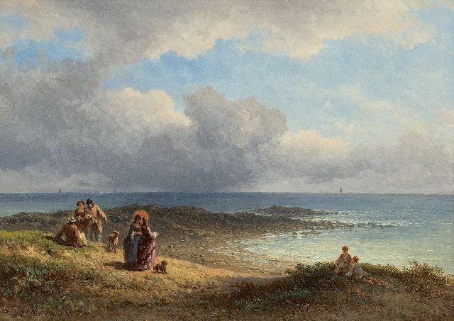 Hilverdink J.  | Elegante wandelaars aan de Franse kust, olieverf op paneel 23,6 x 34,2 cm, gesigneerd l.o. en gedateerd 1873