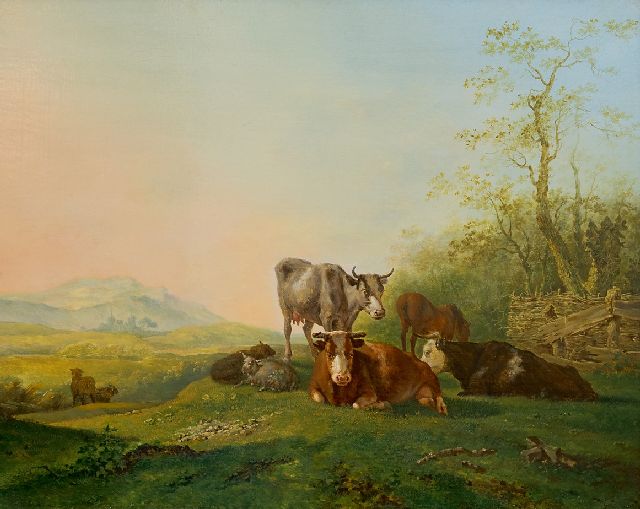 Straaten B. van | Koeien en schapen bij een hek, olieverf op paneel 29,7 x 36,9 cm, gesigneerd r.o.