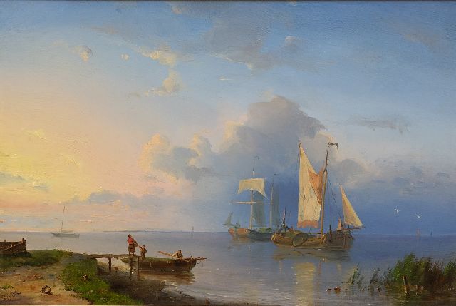 Pieter Cornelis  Dommershuijzen | Rivierlandschap met zeilschepen bij opkomende zon, olieverf op paneel, 22,0 x 32,6 cm, gesigneerd l.o. met initialen en gedateerd '54, zonder lijst