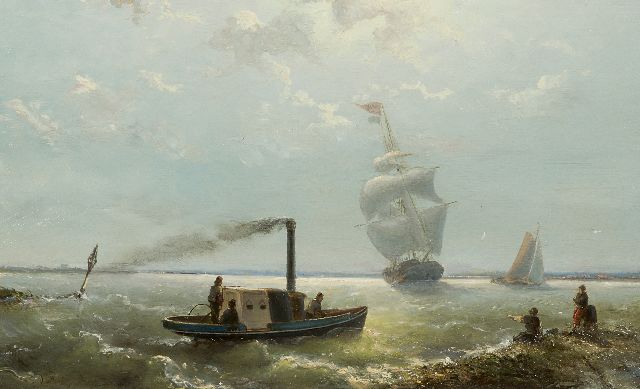 Nicolaas Riegen | Stoomschip voor de kust, olieverf op paneel, 24,9 x 40,0 cm, gesigneerd l.o.