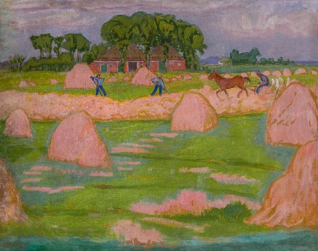Jan Altink | Hooiende boeren, wasverf op doek, 80,1 x 100,0 cm, gesigneerd l.o. en gedateerd '25