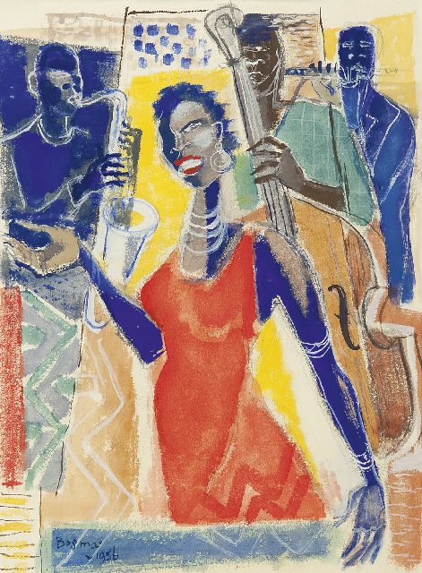Bosma W.  | Sarah Vaughan en band, gouache op papier 39,0 x 29,0 cm, gesigneerd l.o. en gedateerd 1956