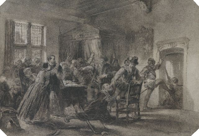 Kate H.F.C. ten | De verstoring van een protestantse godsdienstoefening, zwart krijt, inkt en aquarel op papier 41,5 x 60,3 cm, gesigneerd r.o. en gedateerd 1863