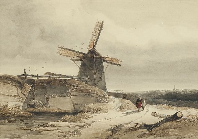 Roelofs W.  | Molen in heuvelachtig landschap, inkt en aquarel op papier 19,9 x 28,0 cm, gesigneerd r.o. en gedateerd 1847