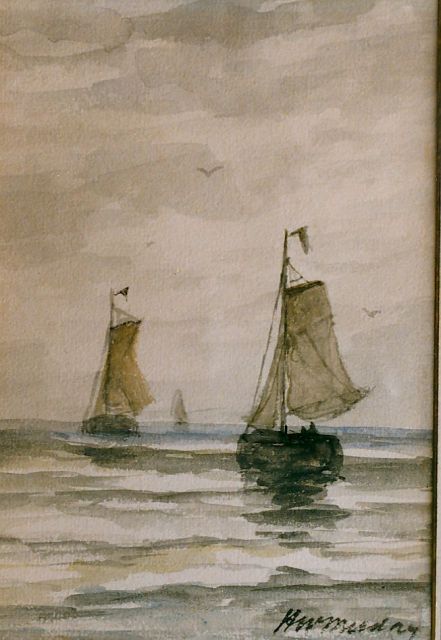 Hendrik Willem Mesdag | Bomschuiten op stille zee, aquarel op papier, 20,5 x 15,0 cm, gesigneerd r.o.
