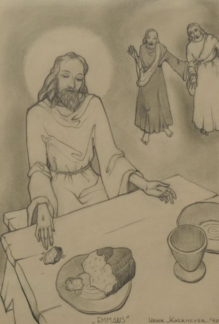 Kolkmeijer B.H.  | Jezus in Emmaüs, potlood op papier 27,9 x 20,0 cm, gesigneerd r.o. en gedateerd '47