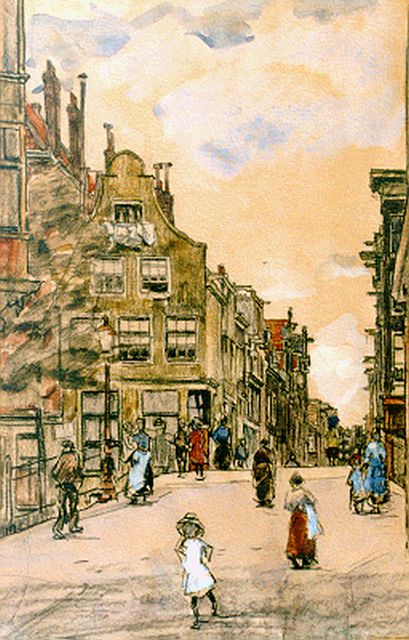 Bobeldijk F.  | Amsterdams straatgezicht, gemengde techniek op papier 41,0 x 27,5 cm, gesigneerd l.o.