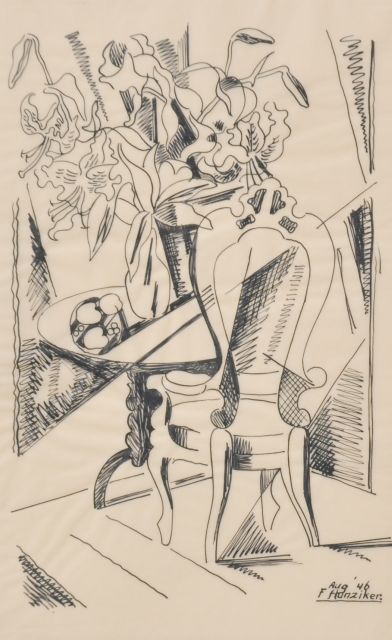 Hunziker F.  | Stilleven met bloemen op een tafel en een stoel, pen en inkt op vellum 33,4 x 23,5 cm, gesigneerd r.o. en gedateerd Aug '46