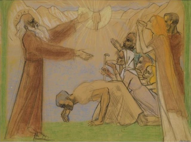 Toorop J.Th.  | De roeping van Jesaja, gekleurd krijt op papier 43,5 x 58,0 cm, gesigneerd r.o. en gedateerd 1914