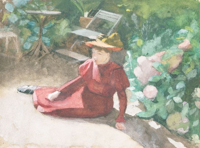 Marie Heineken | Vrouw poserend in de tuin, aquarel op papier, 44,5 x 55,6 cm