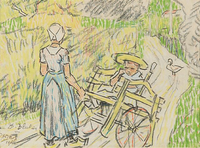 Toorop J.Th.  | Kindermeisje met Fransje Elout en tamme gans 'de Poele' in Domburg, gekleurd krijt op papier 11,0 x 15,1 cm, gesigneerd l.o. en gedateerd 1907