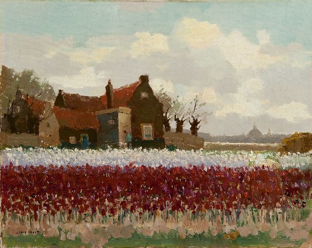 Joop Kropff | Bollenvelden bij Haarlem, olieverf op doek, 40,6 x 50,8 cm, gesigneerd l.o.