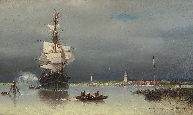 Nicolaas Riegen | Brik voor anker bij een haven, olieverf op paneel, 22,0 x 36,9 cm, gesigneerd r.o.