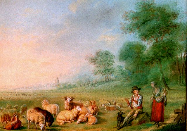 Verboeckhoven E.J.  | Herder, herderin en kudde schapen, pastel op papier 18,8 x 25,0 cm, gesigneerd r.o.