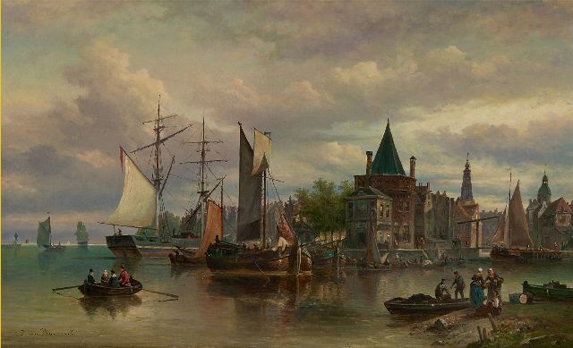 Bommel E.P. van | Fantasiegezicht op Amsterdam met de Schreierstoren, olieverf op doek 50,3 x 82,4 cm, gesigneerd l.o.