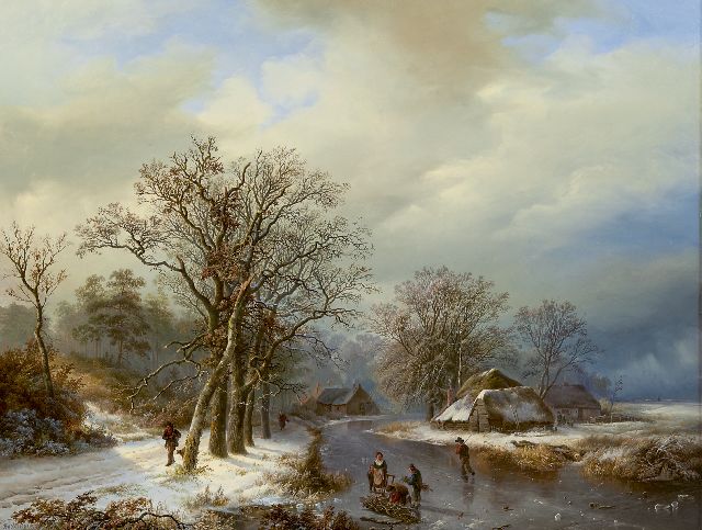 Willem Bodeman | Winterlandschap met schaatsers en houtsprokkelaars, olieverf op paneel, 58,0 x 75,4 cm, gesigneerd l.o.