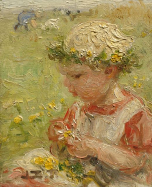 Zoetelief Tromp J.  | Meisje plukt bloemetjes, olieverf op paneel 9,3 x 7,3 cm, gesigneerd l.o. met initialen en verso voluit
