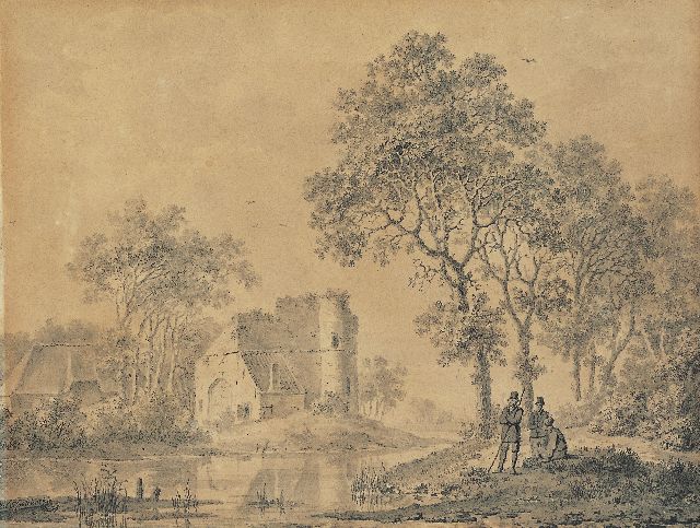 Koekkoek B.C.  | Landvolk bij een ruïne, gewassen pen op papier 13,7 x 17,7 cm, gesigneerd l.o.