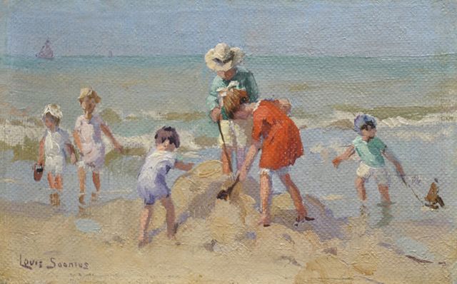 Soonius L.  | Spelende kinderen op het strand, olieverf op doek op board 8,7 x 13,8 cm, gesigneerd l.o.