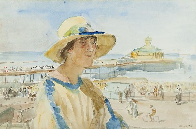 Israels I.L.  | Vrouw aan het strand van Scheveningen, aquarel op papier 32,5 x 50,0 cm, gesigneerd r.o.