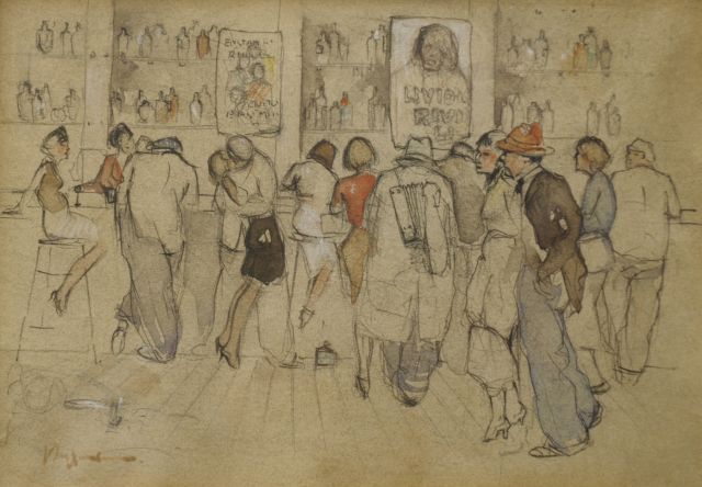 Jan Rijlaarsdam | Bartafereel, Parijs, krijt en aquarel op papier, 12,7 x 17,6 cm, gesigneerd l.o.