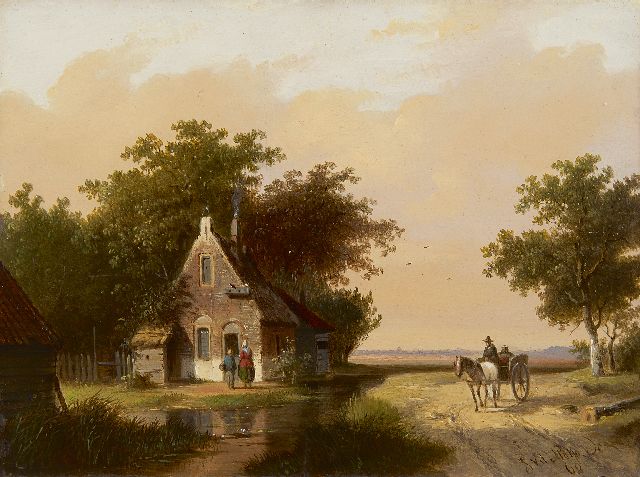 Stok J. van der | Landschap met figuren bij een huisje, olieverf op paneel 18,9 x 25,3 cm, gesigneerd r.o. en gedateerd '62