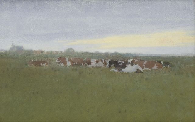 Jan Voerman sr. | Rustende koeien in de wei bij Hattem, aquarel op papier, 27,7 x 42,9 cm, gesigneerd r.o.