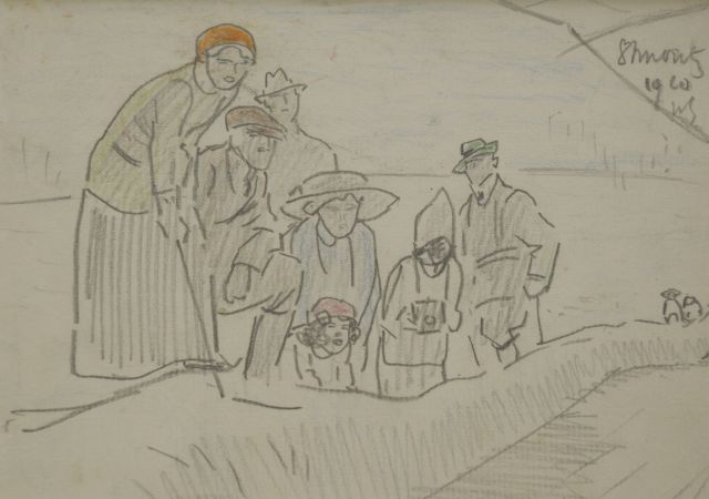 Sluiter J.W.  | Toeschouwers bij de bobsleebaan, St. Moritz 1910, potlood en kleurpotlood op papier 16,7 x 11,8 cm, gesigneerd r.b. met initialen en gedateerd 1910