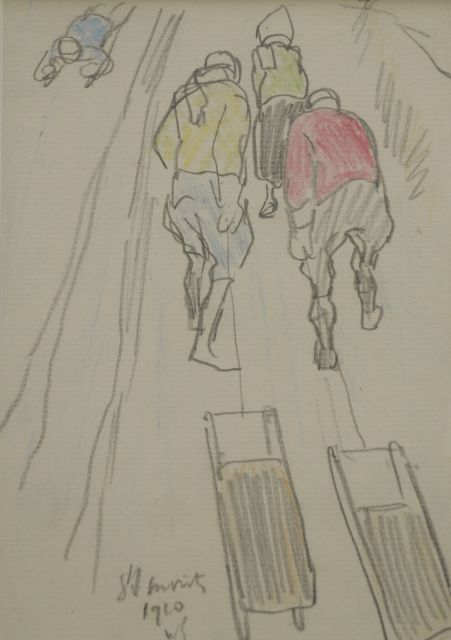 Sluiter J.W.  | De berg op met de slee, St. Moritz, potlood en kleurpotlood op papier 17,0 x 11,8 cm, gesigneerd m.o. met initialen en gedateerd 1910