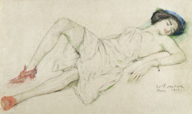 Dollerschell E.  | Liggende vrouw, pastel op papier 36,6 x 63,6 cm, gesigneerd r.o. en gedateerd 'Paris' 1911