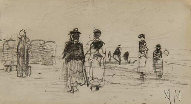 Anton Mauve | Wandelaars op het strand; verso: Landschap, potlood op papier, 7,7 x 13,4 cm, gesigneerd r.o. met atelierstempel (AM)