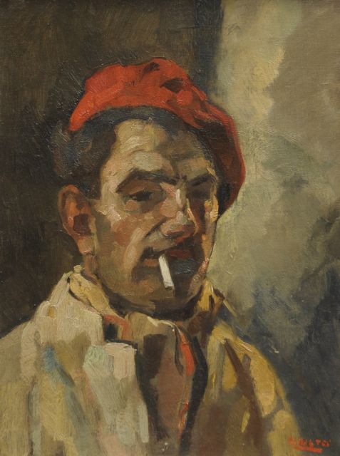Cor Noltee | Zelfportret van de kunstenaar met rode baret, olieverf op doek, 40,7 x 30,5 cm, gesigneerd r.o.