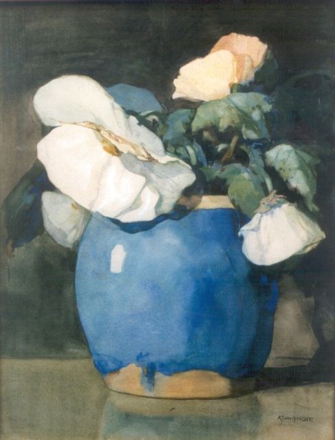 Hoff A.J. van 't | Bloemen in gemberpot, aquarel op papier 40,0 x 30,2 cm, gesigneerd r.o.