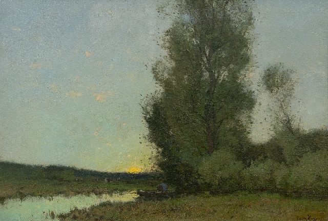 Cornelis Kuijpers | Boer in roeiboot bij zonsopkomst aan de bosrand, olieverf op doek, 42,0 x 61,5 cm, gesigneerd r.o.