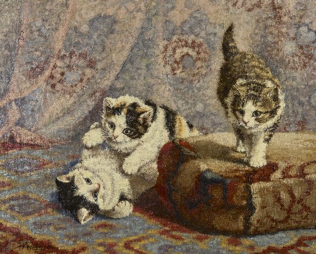 Cornelis Raaphorst | Drie spelende katjes bij een poef, olieverf op doek, 40,4 x 50,7 cm, gesigneerd l.o. en zonder lijst