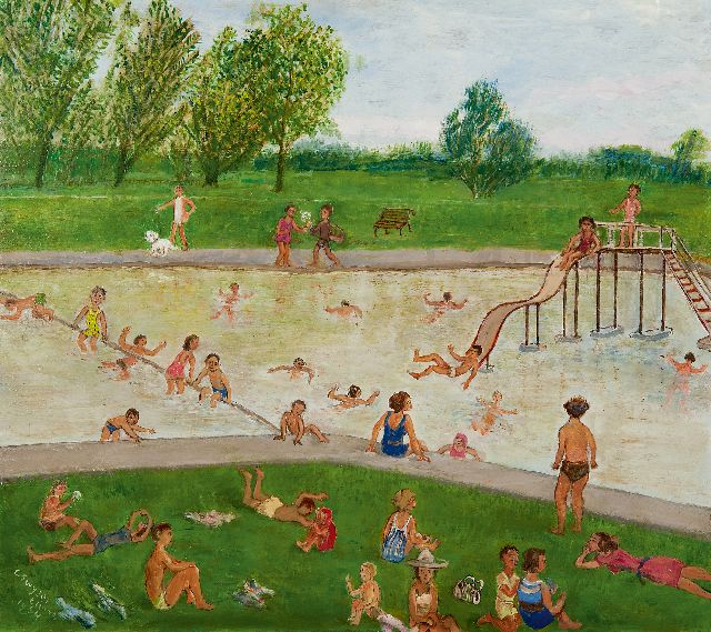 Swijser-'t Hart C.C.M.  | Zwembad in de zomer, olieverf op board 48,8 x 54,4 cm, gesigneerd l.o. en gedateerd 1964