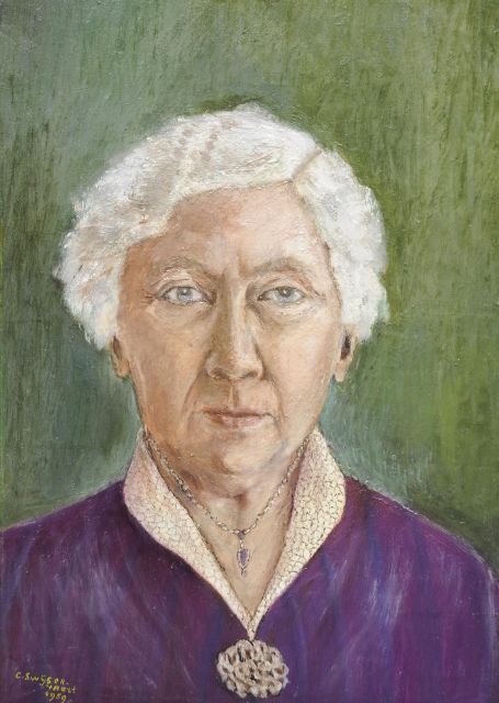 Christina Swijser-’t Hart | Zelfportret, olieverf op doek op paneel, 44,8 x 31,8 cm, gesigneerd l.o. en gedateerd 1959, zonder lijst