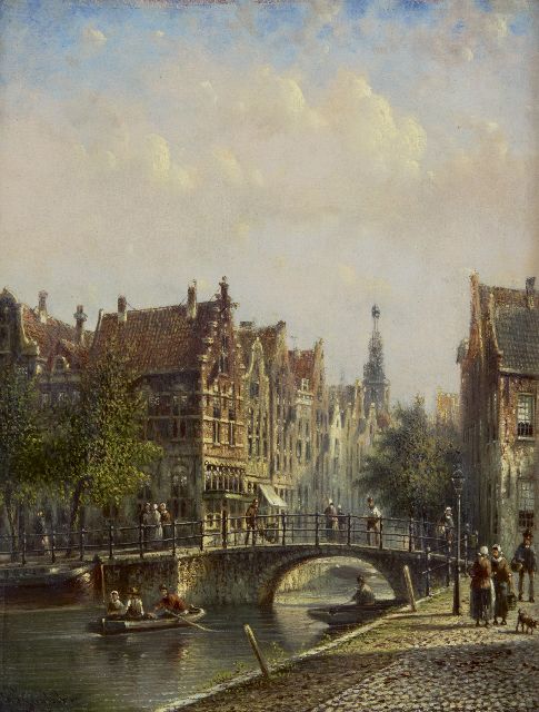 Johannes Franciscus Spohler | Stadsgrachtje met de Amsterdamse Westertoren, olieverf op paneel, 20,4 x 16,0 cm, gesigneerd l.o.