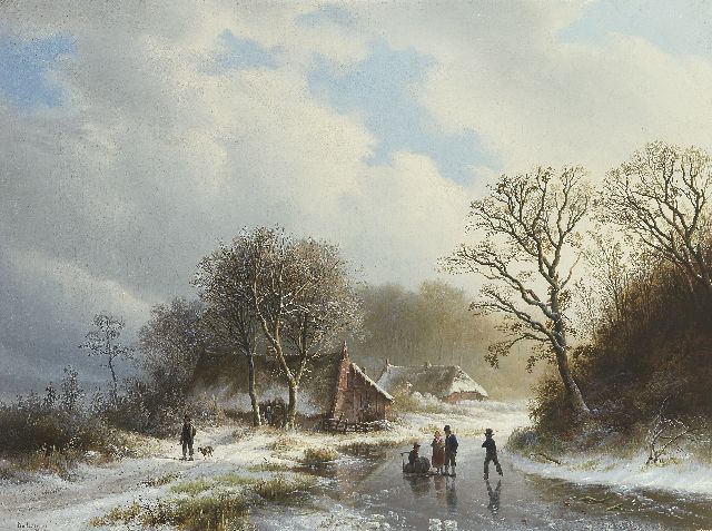 Willem Bodeman | Winters landschap met boerenhuizen, wandelaar en schaatsers, olieverf op doek, 48,1 x 63,9 cm, gesigneerd l.o. en gedateerd 1839