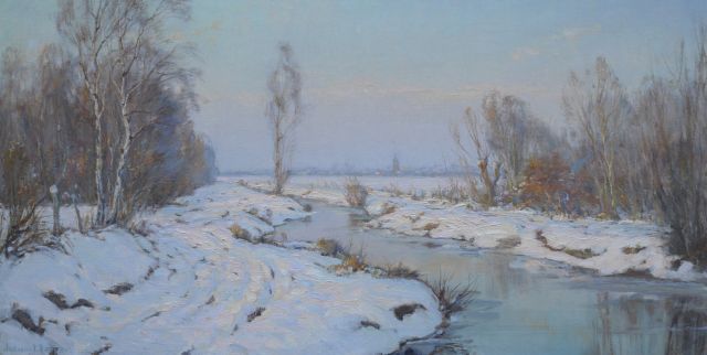 Johan Meijer | Winteravondzon: Gooiersgracht, Eemnes, olieverf op doek, 44,3 x 84,2 cm, gesigneerd verso gesigneerd