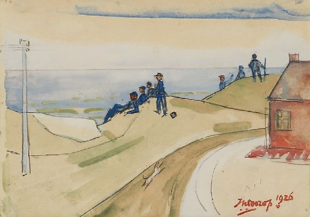 Toorop J.Th.  | Figuren in de duinen, potlood, krijt en aquarel op papier 11,0 x 15,5 cm, gesigneerd r.o. en gedateerd 1926