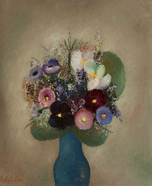 Slebe (Ferdinand Joseph Sleebe) F.  | Bloemen in een blauwe vaas, olieverf op board 50,0 x 40,0 cm, gesigneerd l.o. en gedateerd '43, zonder lijst