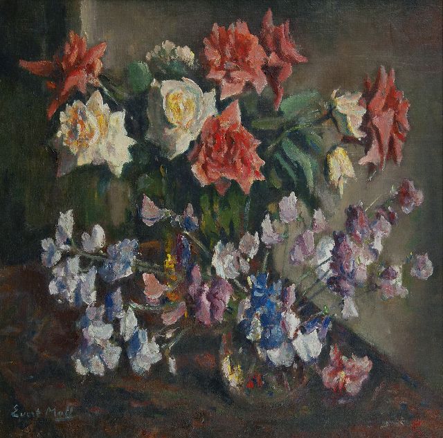 Moll E.  | Stilleven met rozen, olieverf op doek 60,2 x 60,5 cm, gesigneerd l.o.