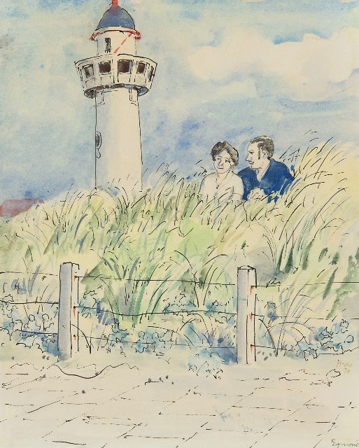 Harm Kamerlingh Onnes | Paartje in de duinen van Egmond aan Zee, pen, inkt en aquarel op papier, 25,7 x 21,0 cm, gesigneerd r.o. en gedateerd '74