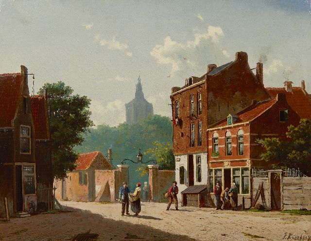 Roosdorp F.  | Hollands stadsgezicht met de toren van de Haagse Grote Kerk, olieverf op paneel 28,0 x 37,0 cm, gesigneerd r.o.
