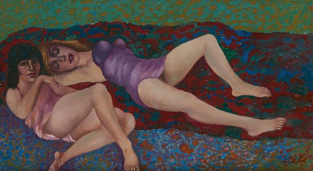 Slebe (Ferdinand Joseph Sleebe) F.  | Vrouwen op divan, olieverf op paneel 30,0 x 54,2 cm, gesigneerd r.o.